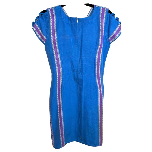 Vintage Retro Blue Quilted Striped Bow Dress with Cut Out Sleeve Small / Medium - Picture 7 of 11
